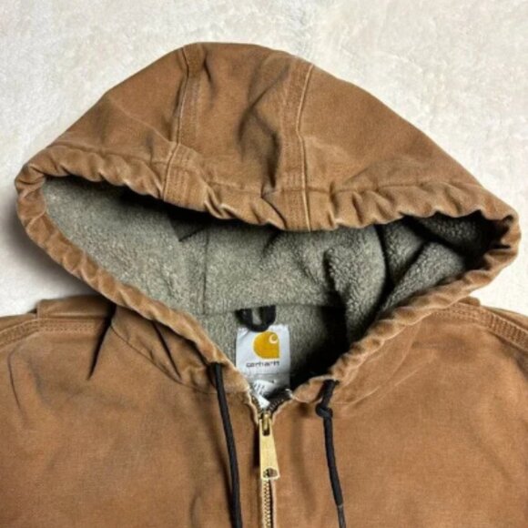 Carhartt Hooded Canvas Jacket Small Sherpa Lined Brown J141 Workwear Distressed - Picture 4 of 16